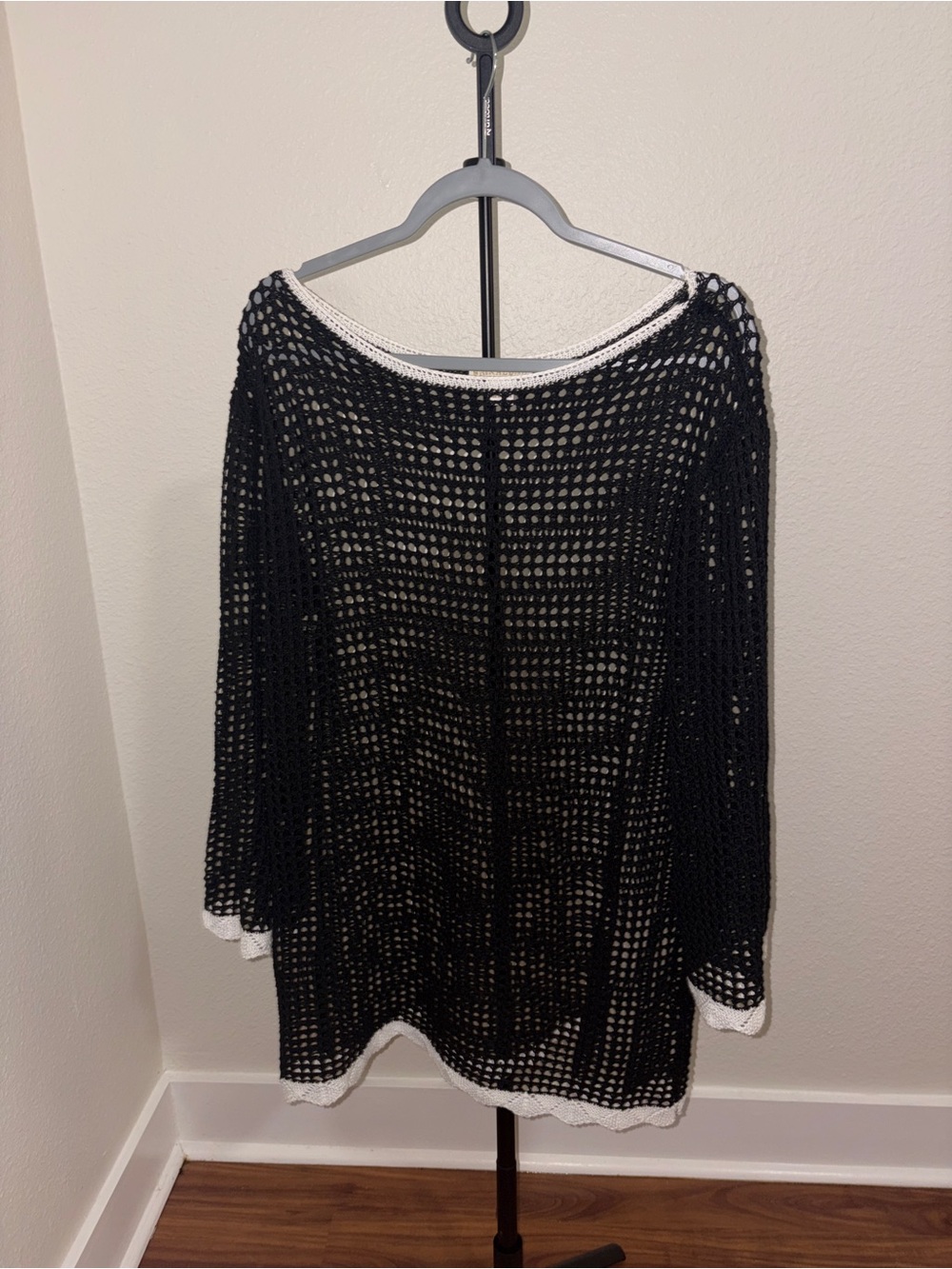 Shiraleah Black Crochet Swim Coverup with White Trim